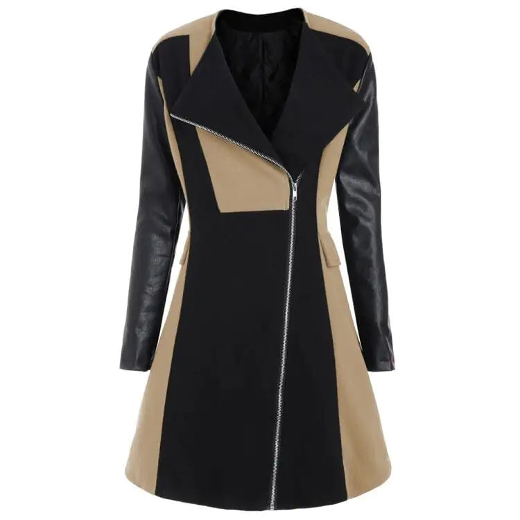 Women's Leather and Woolen Coat with Side Zipper