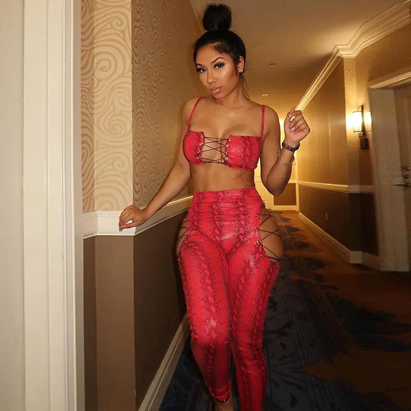 2020 Autumn Winter Women's Sexy Lace-Up Outfit Set