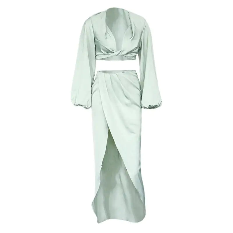New Women's Fashion Two-Piece Satin Suit with Split Skirt