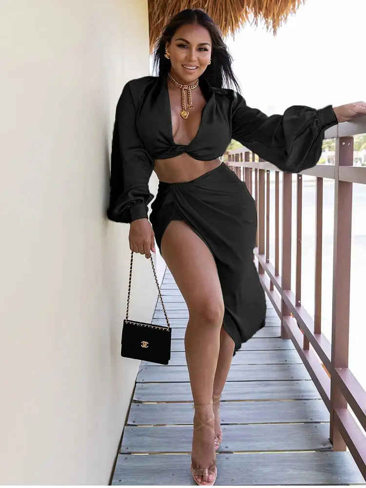 New Women's Fashion Two-Piece Satin Suit with Split Skirt