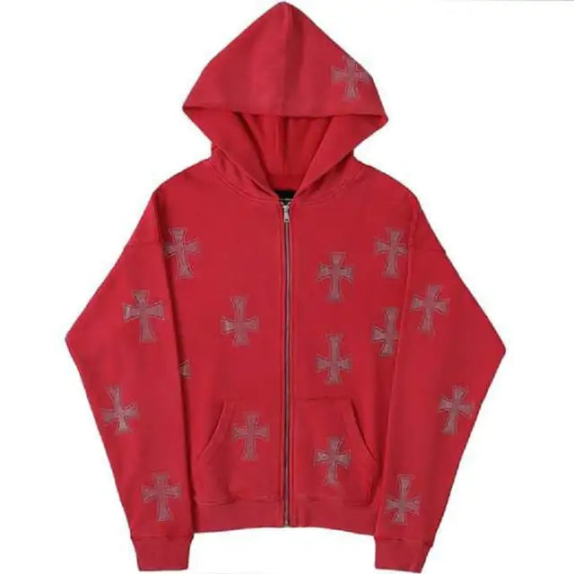 Cross Rhinestone Zip-Up Hoodie